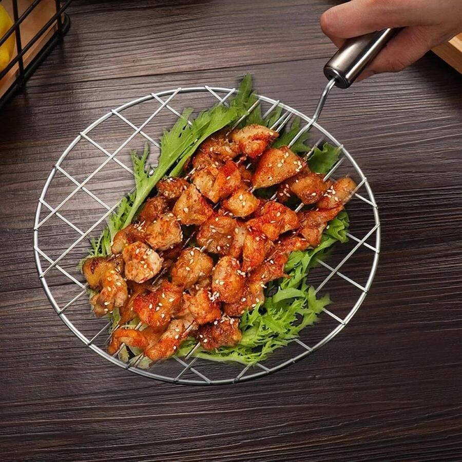 Metaaldraad Rooster Braadpan Roti Grill Buiten Koken Met Handgreep 19 cm Diameter Zilver - Foto 2