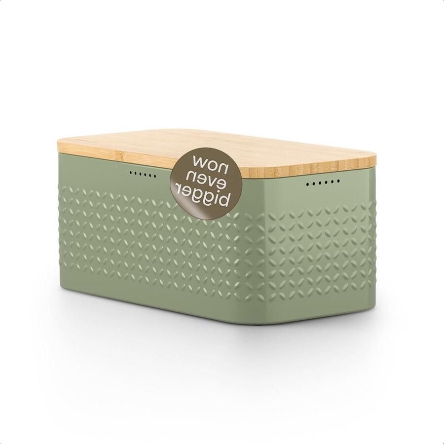 Metalen Broodtrommel Broodbox Vershouder Brood Bewaren Bamboe Deksel Snijplank 345 cm Sage Green