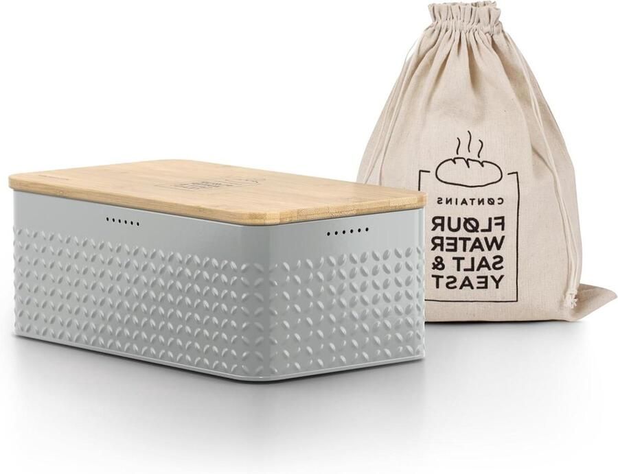 Metalen Broodtrommel Brooddoos Opberger Brood Vers Houden Met Bamboe Snijplank Deksel 34x18.5x13.5 cm Ash Gray