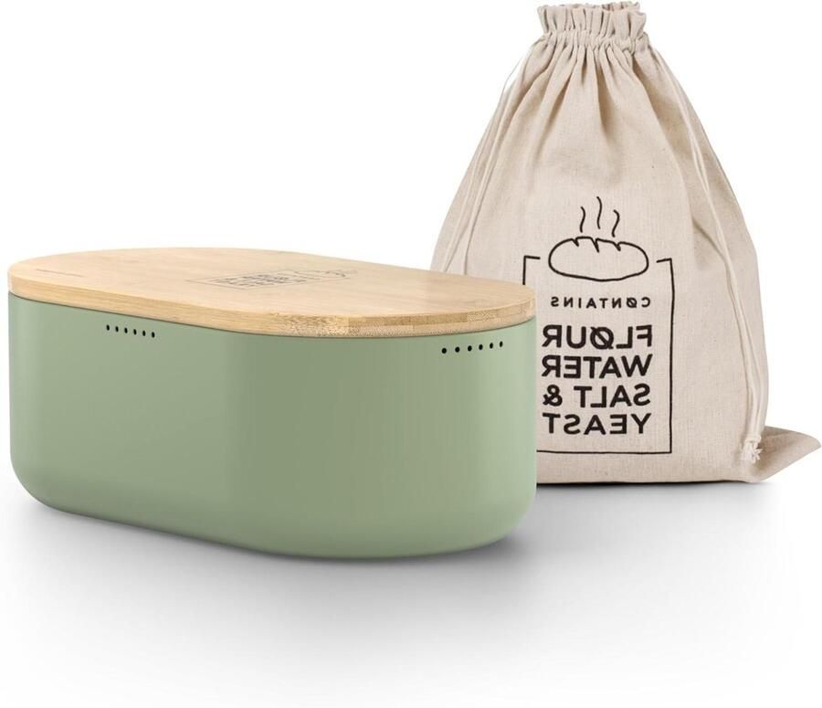 Metalen Broodtrommel Brooddoos Opslag Brood Vers Houden Met Bamboe Snijplank Deksel 36x19x13cm Sage Groen