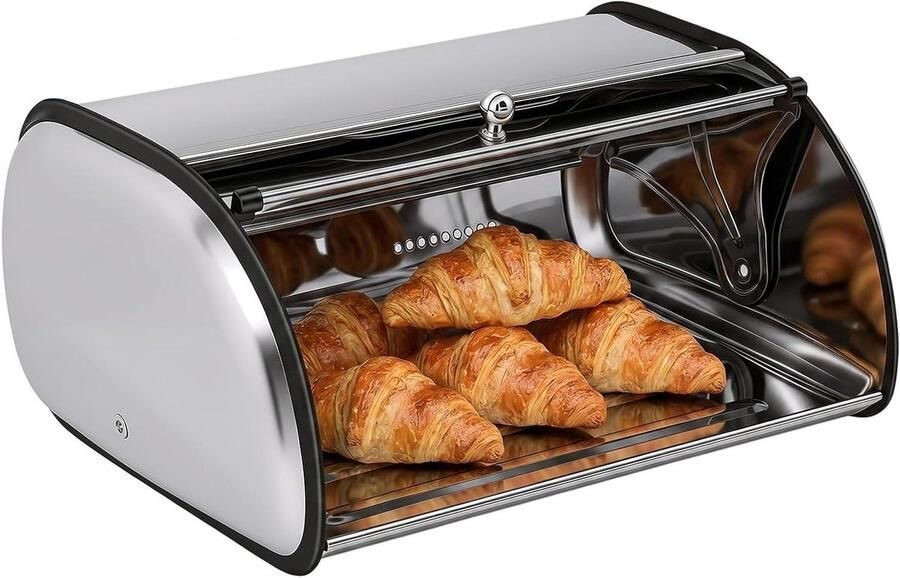 Metalen Broodtrommel Brooddoos RVS Brood Vers Houden Met Kijkvenster 34 x 23 x 14.5 cm Zilver
