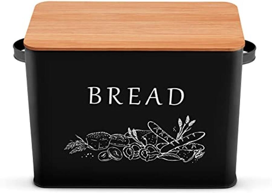 Metalen broodtrommel met bamboe deksel Zwart