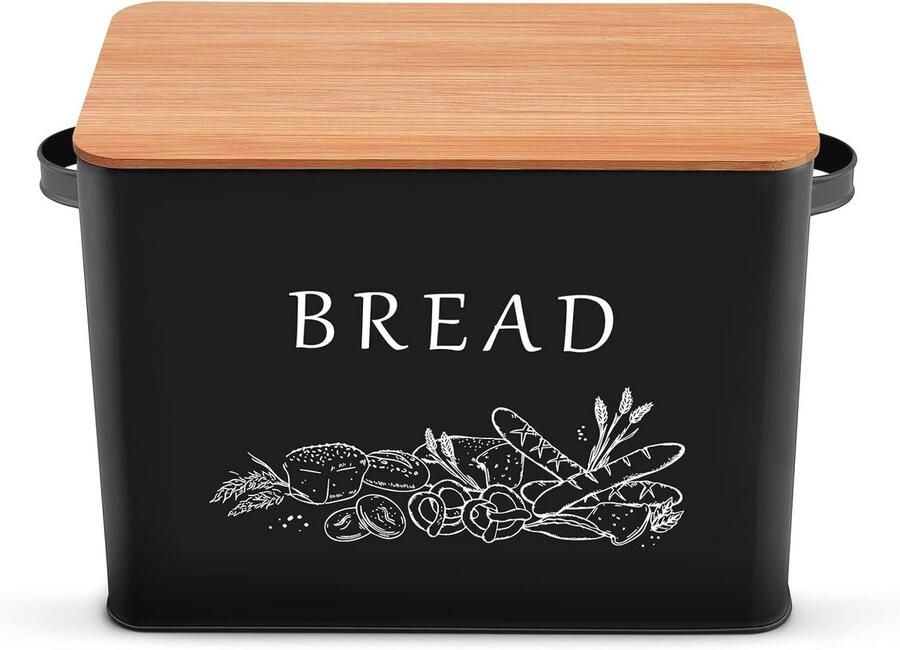 Metalen broodtrommel met bamboe deksel Zwart