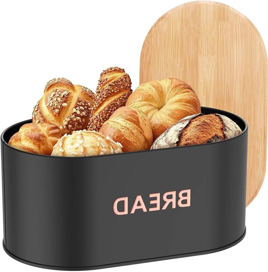 Metalen Broodtrommel Opbergdoos Keuken Brood Vers Houden Bamboe Deksel Snijplank 33.5 x 19 x 15 cm