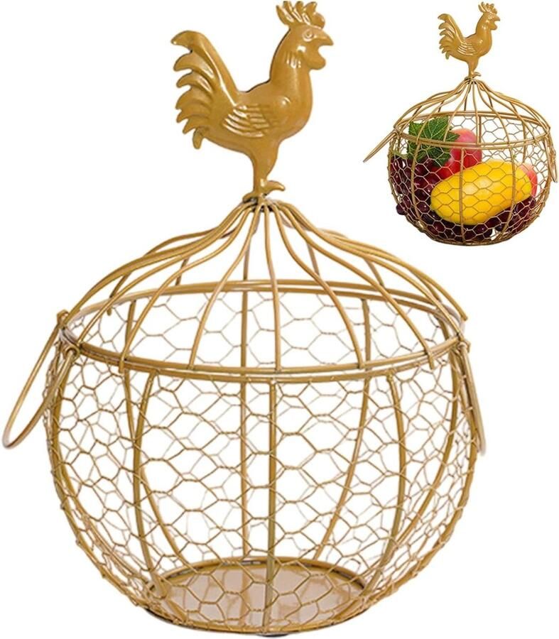 Metalen Eiermand Decoratieve mand Verse eieren bewaren Vintage kip deksel 20x20x17 cm Goudkleurig