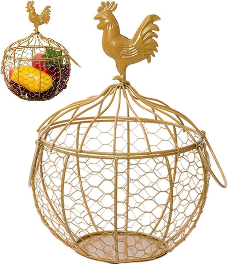 Metalen Eiermand Kip mand Eieren verzamelen Vintage design 29.5x19.5 cm Goudkleurig