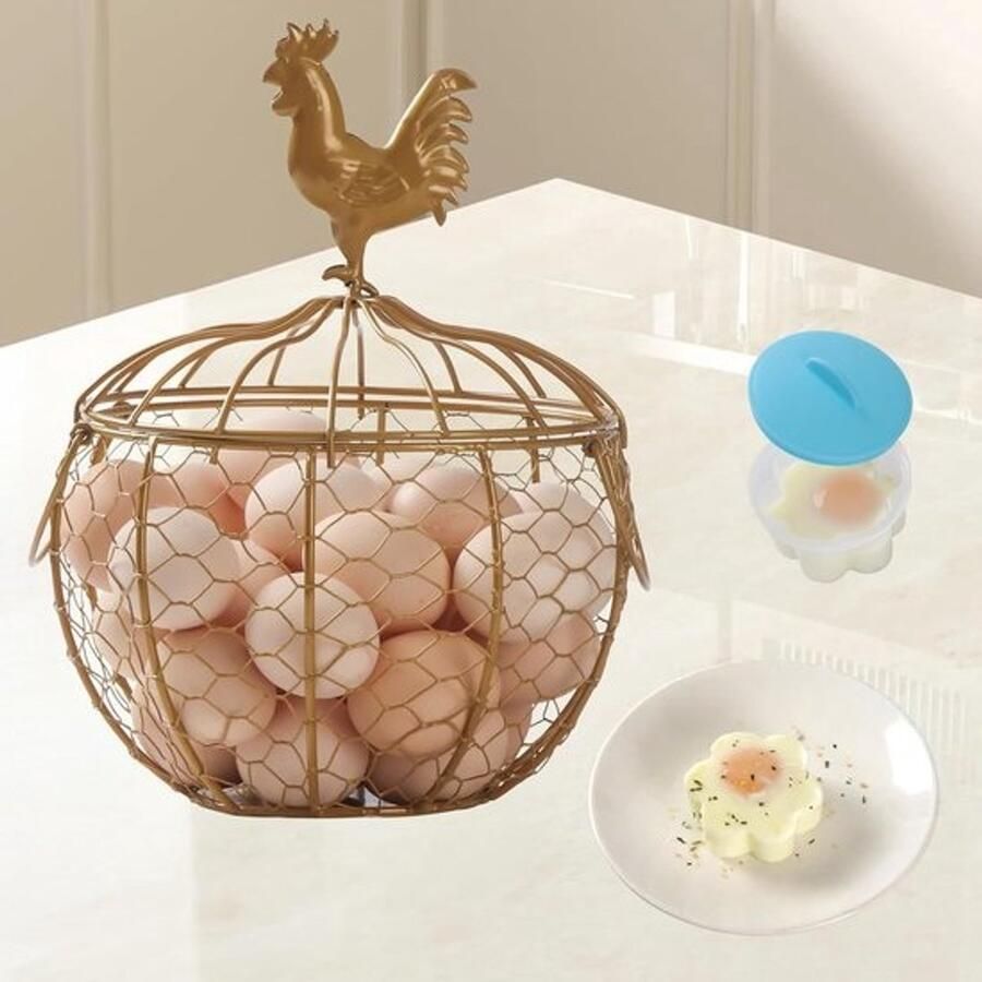 Metalen Eiermand Kippenmand Keuken Verse Eieren Verzamelen Inclusief Deksel 19x19x14 cm Goud
