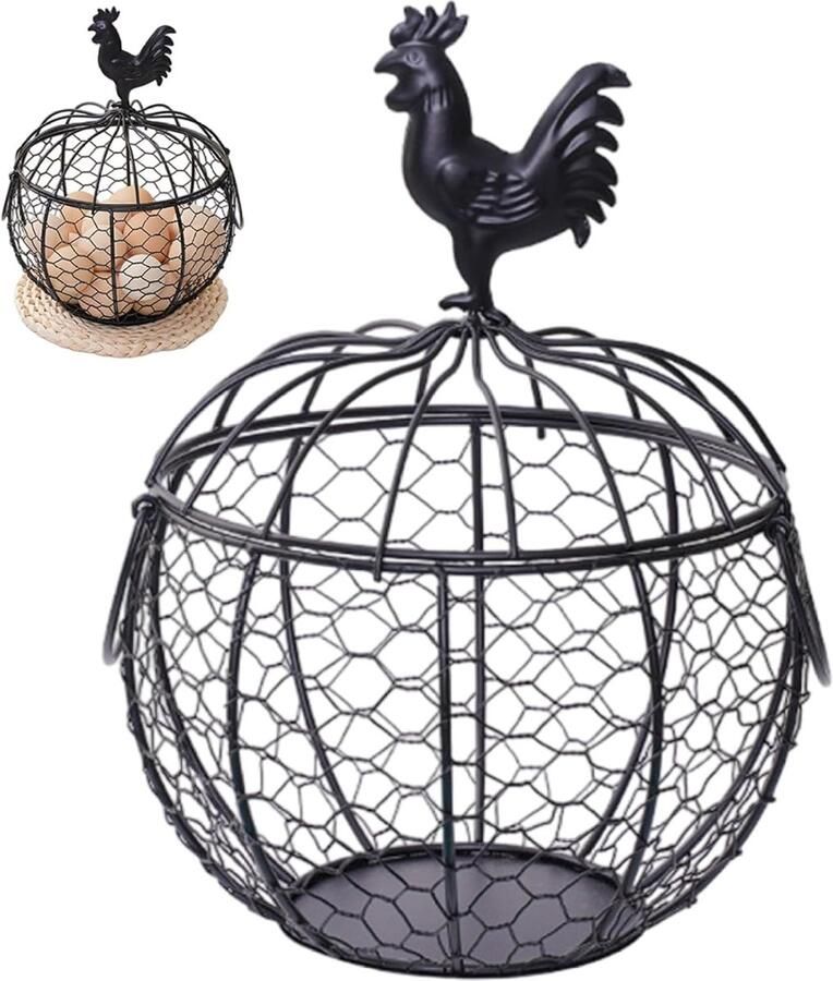Metalen Eiermand Vintage Mand Verse Eieren Verzamelen Decoratief Kippendeksel 20x20x17 cm Zwart