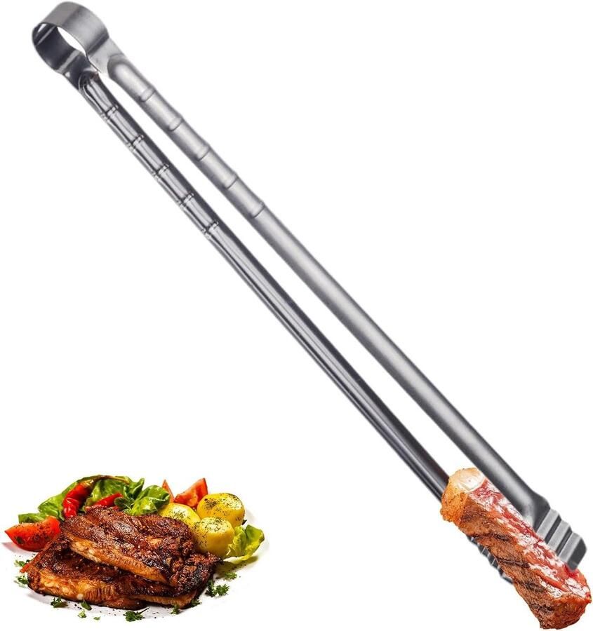 Metalen Grill Tang Keuken Tang Voedsel Draaien Verlengde Handgrepen 45 cm Zilverkleurig