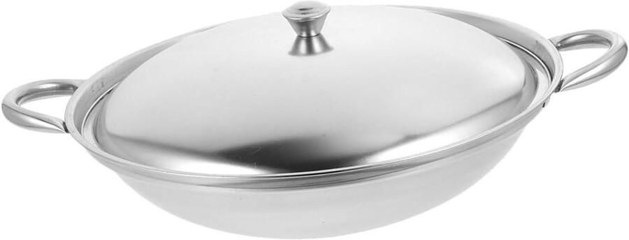 Metalen Wok Pan Kookpot Roestvrijstaal Thuis Koken Dubbele Handgreep 29.5 cm Lengte Zilver