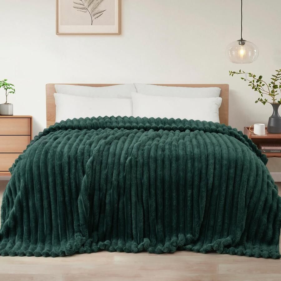 Mezcla Fleece deken flanellen super zachte jacquard gestreepte lichtgewicht wollige knusse deken voor op bed voor alle seizoenen kingsize ca. 228 x 264 cm bosgroen