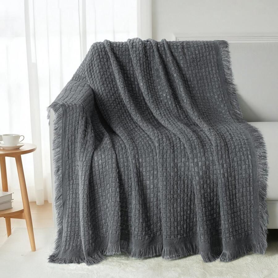 Mezcla Gebreide Plaid Dekbed met Franjes voor Bank Reversibele Boho Deken Geruit UltraZacht Licht en Warm voor Bed en Bank 150x200 cm Donkergrijs