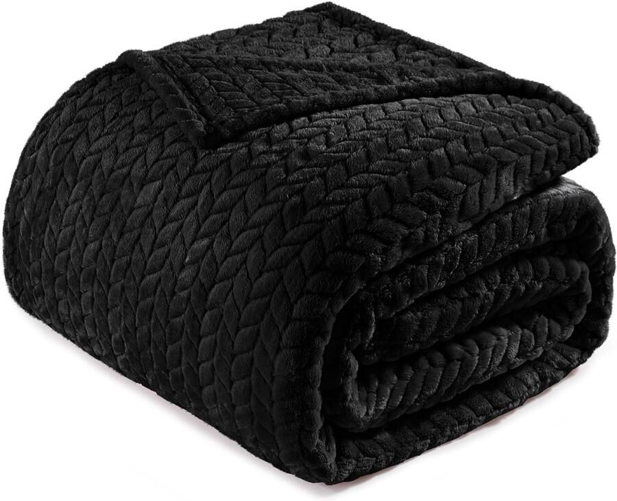 Mezcla King Size fleecedeken voor bed 230 x 265 cm zachte knusse jacquard flanellen dekens lichtgewicht donzig pluche warm voor alle seizoenen zwart