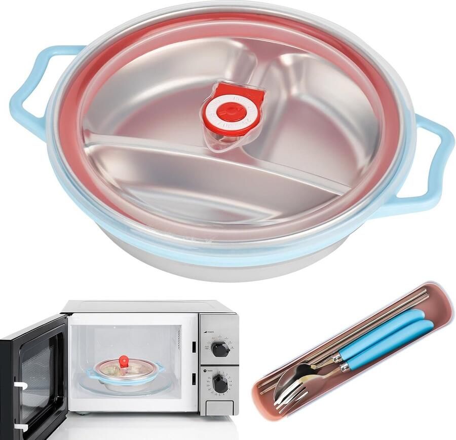 Microwave Plate 850 ml Magnetron Schaal met Deksel Magnetron Schotel met 3 Compartimenten en Ventilatie Magnetron Servies met Bestek BPA Vrij Blauw