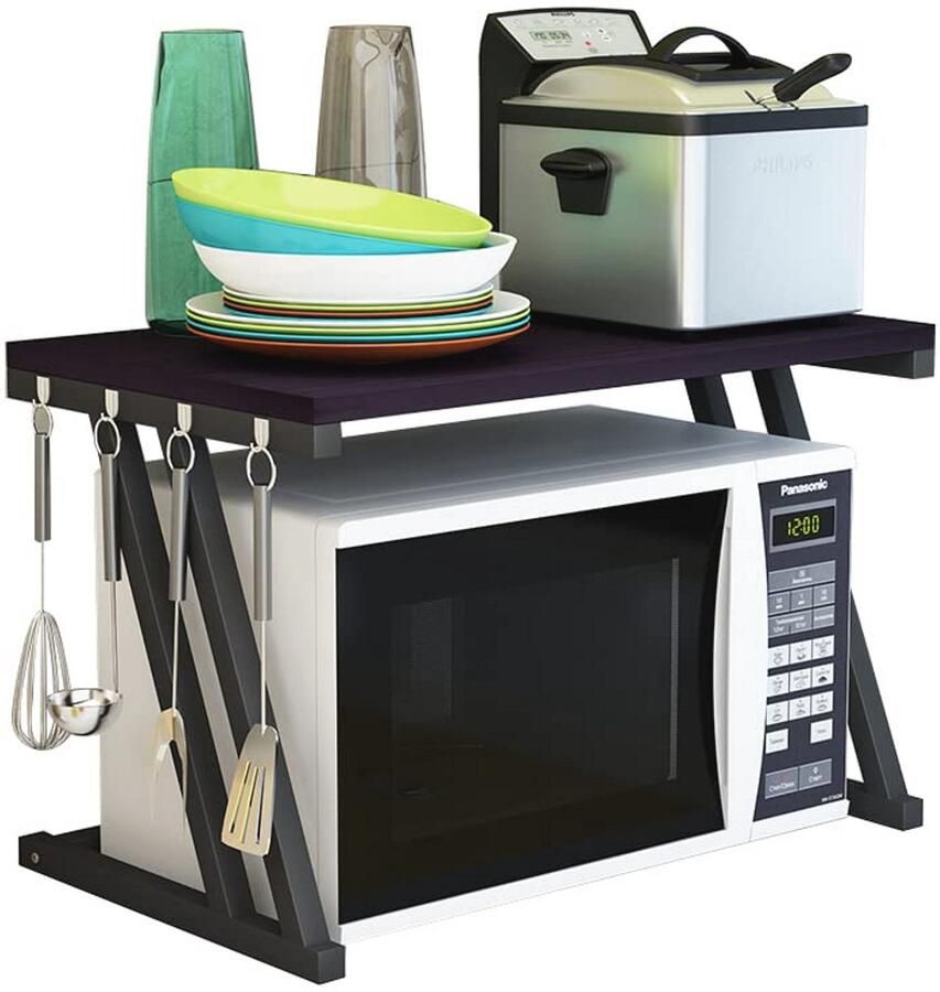 Mikrowave Houten Rek met Haken Kookgerei en Opslagrek voor Keuken (57 x 38 x 38 cm) - Foto 2