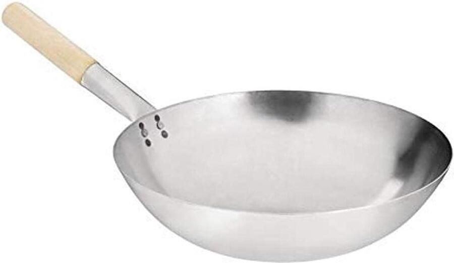Milde Staal Wok Roerbakpan Ronde Bodem Commercieel Koken Hoge Kwaliteit 356mm Zilver