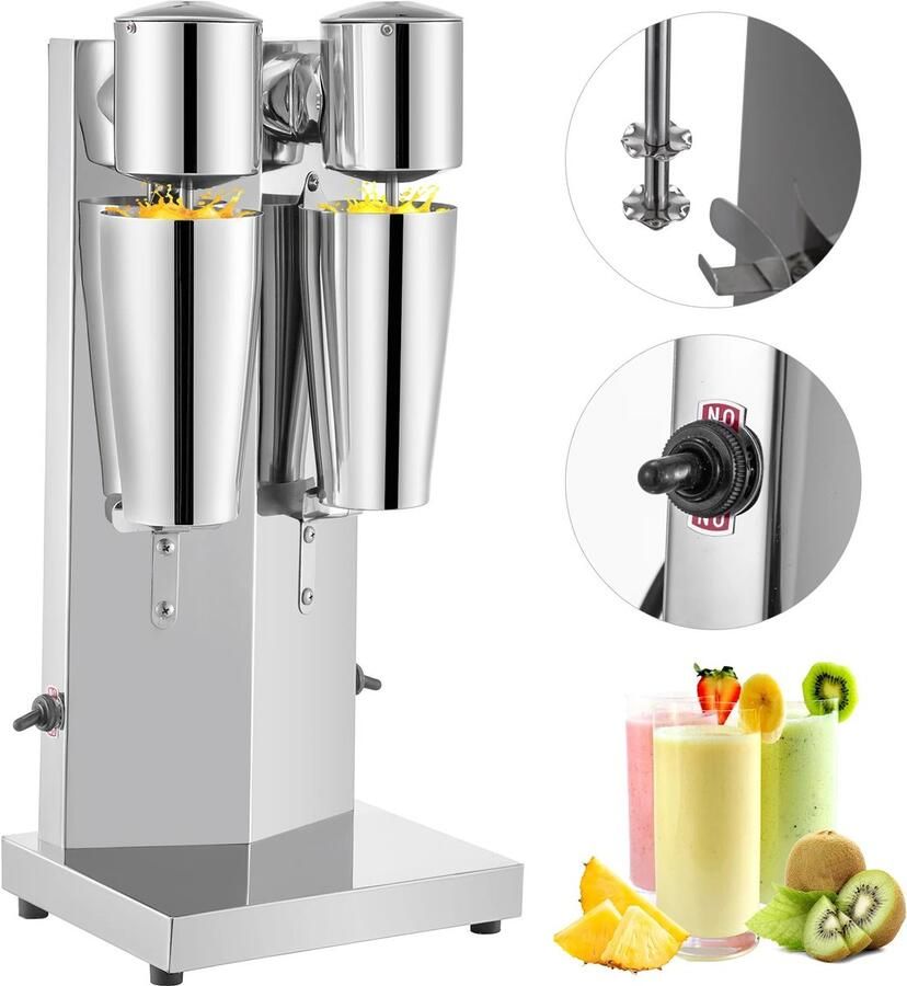 Milkshakemachine Drankmixer Dubbele Mengkop 2x 800ml RVS Bekers 360° Mengsysteem Twee Snelheden Commerciële Mixer Voor Milkshakes Smoothies Cocktails en Eiwitshakes RVS Horeca en Thuisgebruik