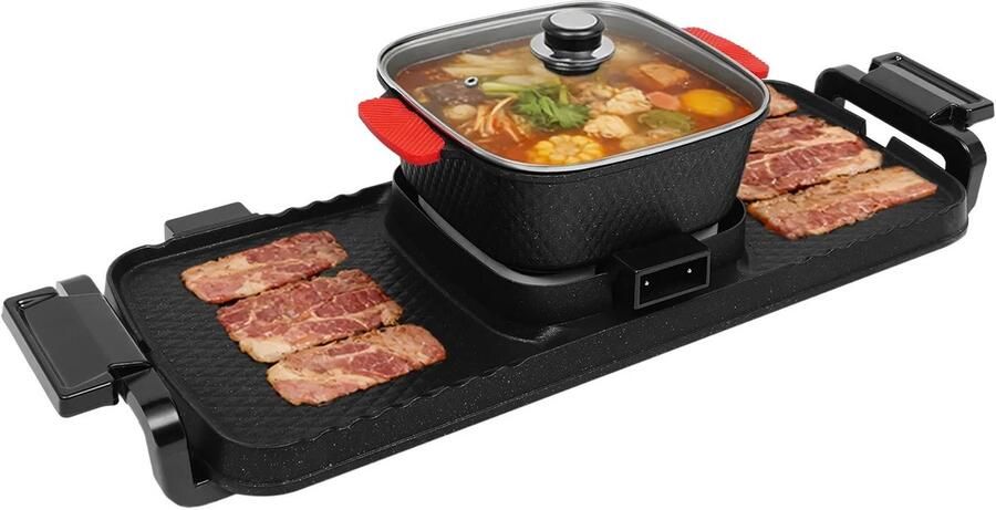 Milova Gourmetstel met pan Elektrische grillplaat BBQ pan hotpot Gourmetten -Bakplaat Draagbaar Voor binnen en buiten Anti aanbak Rookvrij 2400 W 1 tot 8 pers Buitenkeuken