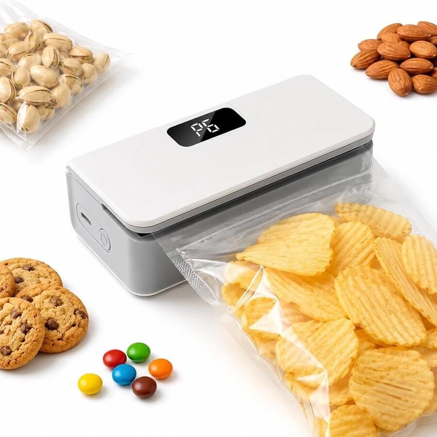 Mini Bag Sealer 8 Warmtestanden Dubbelzijdig sealen en snijden Sterke magneet op de achterkant Draagbare Heat Sealer oplaadbaar met LED-display Chipzak Sealer voor plastic zakken tassen，snacks en voedselbewaring Wit