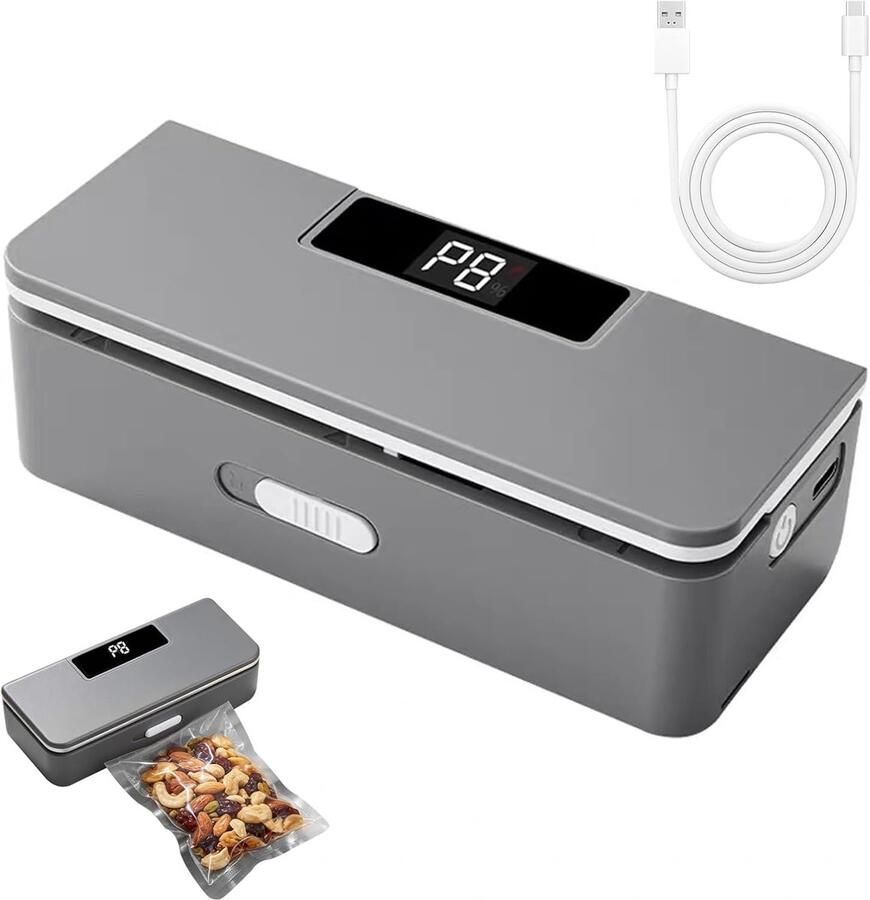 Mini Bag Sealer 8 Warmtestanden Dubbelzijdig sealen en snijden Sterke magneet op de achterkant Draagbare Heat Sealer oplaadbaar met LED-display Chipzak Sealer voor plastic zakken tassen，snacks en voedselbewaring Grijs