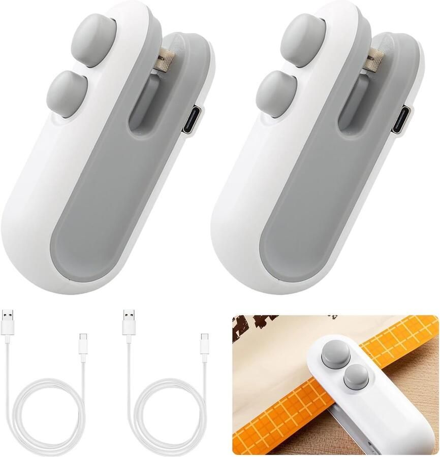 Mini Bag Sealer Hand Sealer Apparaat – 2-delige set – Clipmodel – Compacte sluiter – Snackzaksluiters – Handzame huishoudelijke sluiter – Mini-sluitapparaat – Chipszaksluiters – Draagbare mini-sluiter voor picknicks en op reis Wit