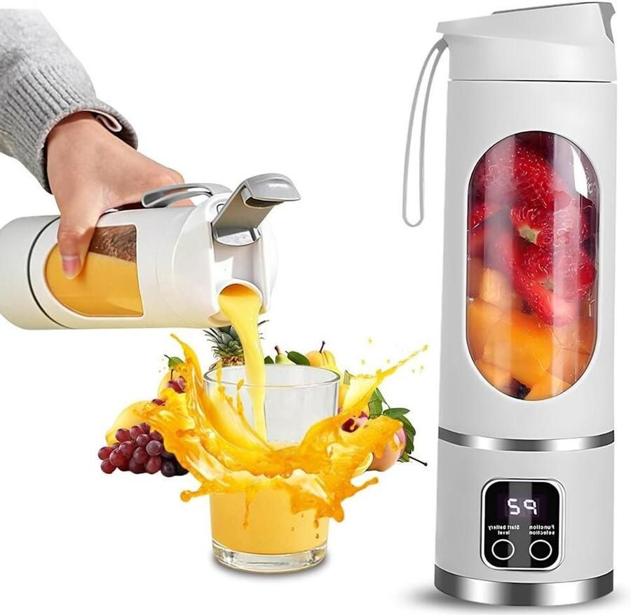 Draagbare blender smoothie maker to go 450 ml draagbare blender USB-oplaadbaar staafmixer klein met 12 messen led-display mini-blender voor milkshakes sappen smoothies (wit)
