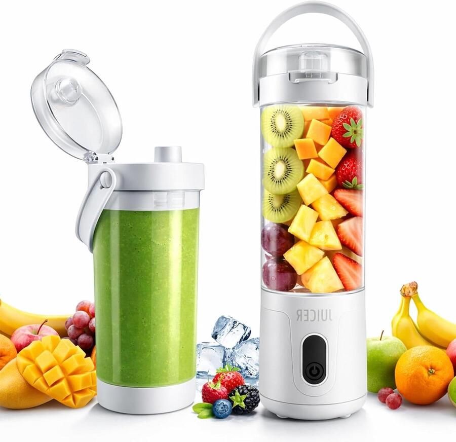Mini Blender Smoothie Maker Onderweg Mixen 12 RVS Bladen 580ml Capaciteit Wit