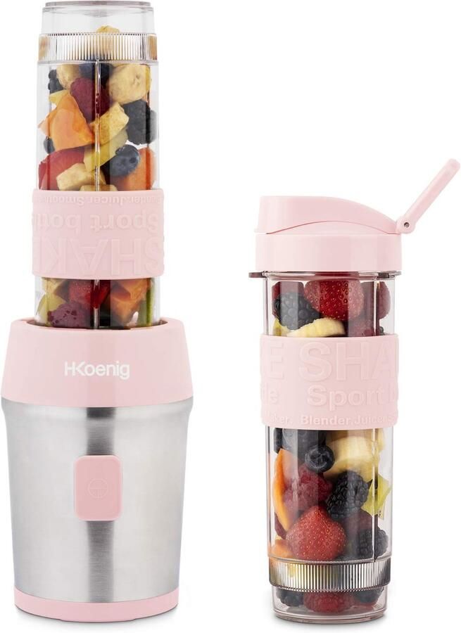 Mini-Blender Smoothie Maker Compact Roos 570 ml BPA-vrij 300W 2 Flessen met Reisdeksel 4 Roestvrijstalen Messen