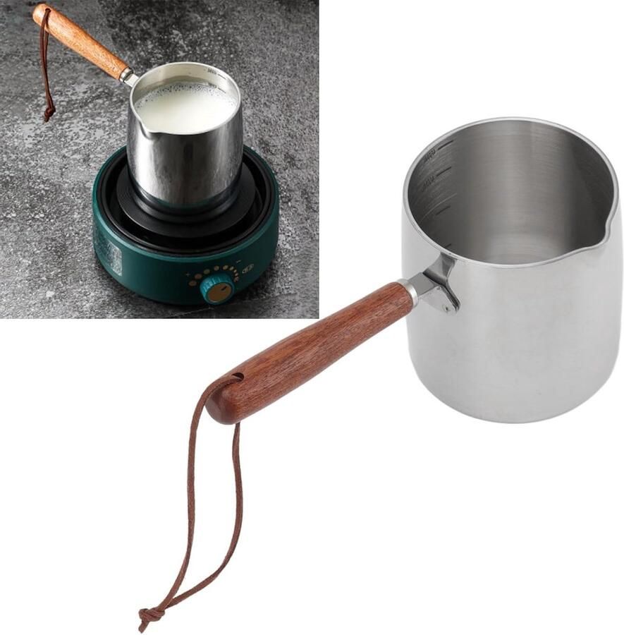 Mini Boterverwarmpot van RVS met Houten Handvat voor Koken 450ml Sauspan voor Boter Koffie en Melk