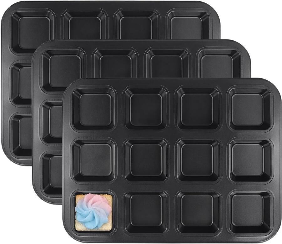 Mini Brownie Pan 3-pack met 12 holtes non-stick bakplaat voor muffins koekjes en desserts 35 5 x 26 5 x 3 cm grijs