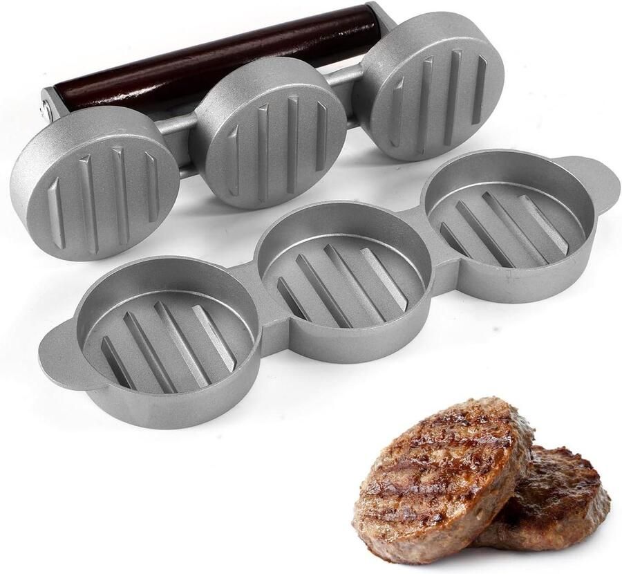 Mini Burger Pers Hamburger Vorm Burgers Maken 3 Pasteitjes Tegelijk 6.4 cm Diameter Zilverkleurig