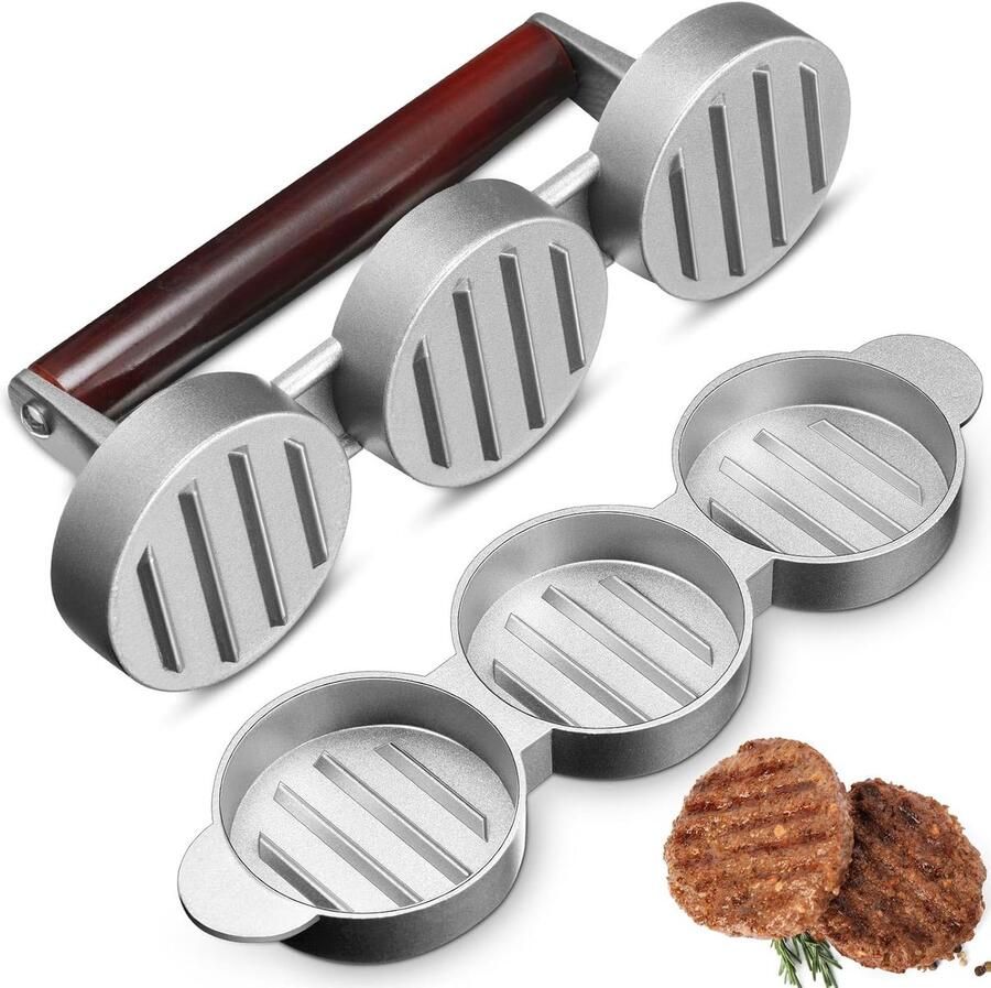 Mini Burger Pers Vlees Pâté Maker Kleine Burgers Maken Drie Rondjes Tegelijk 24.5 cm Lengte Zilverkleurig