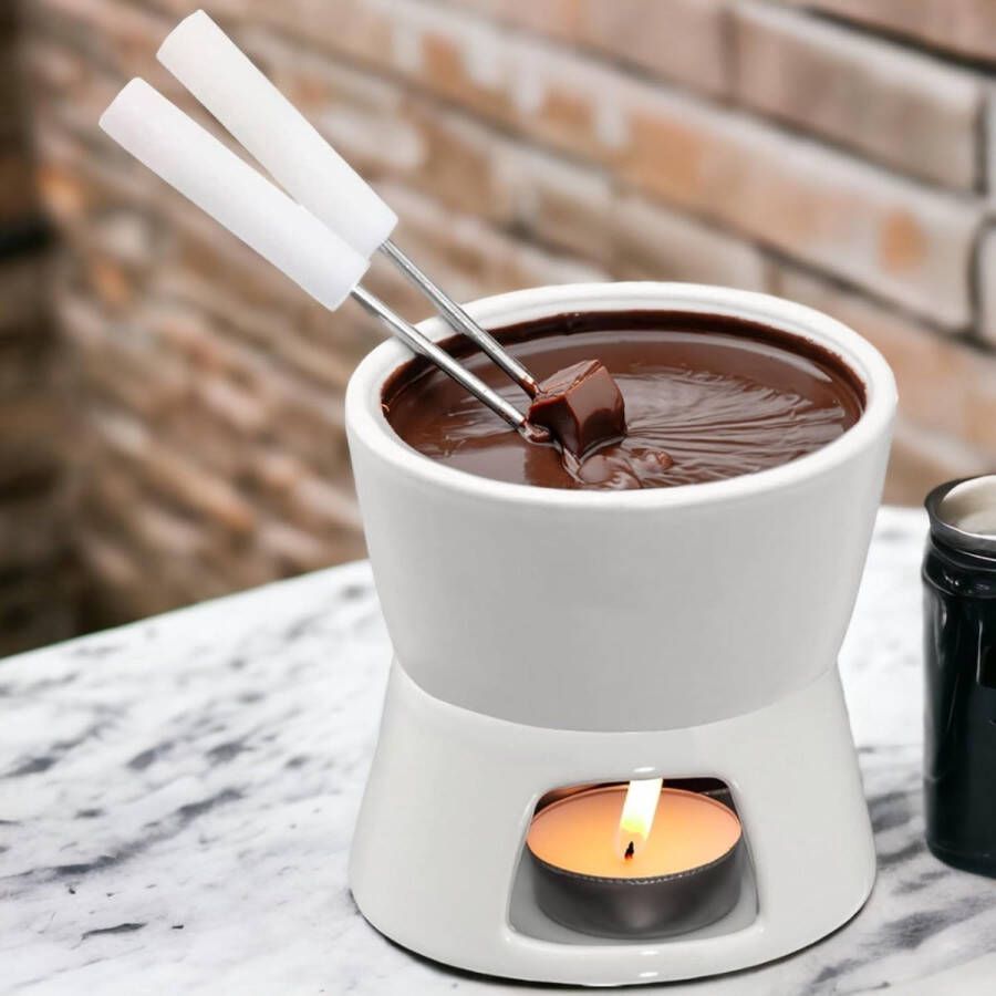 Mini Chocolade Fondueset Ontdek Puur Chocoladegenot met Trendy en Stijlvol Design Inclusief 2 Fonduevorken Ideaal voor Koekjes & Fruit Keramiek Wit 10 x 9 x 6 cm