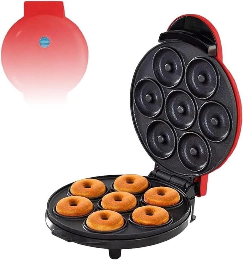 Mini Donut Maker Apparaat voor Snacks Lekkere Ontbijtjes Maken Dubbelzijdig Verwarmen 7 Holtes Rood