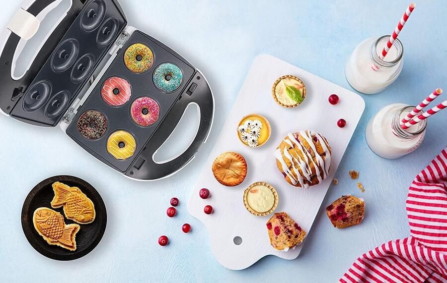 Mini-Donutsmaker Mini-Taart- En Quiche-Maker Taiyaki-Maker 3 In 1 Dessertmaker Van Met Drie Afneembare Platen Wit 220-240v 50 60hz 700-800w
