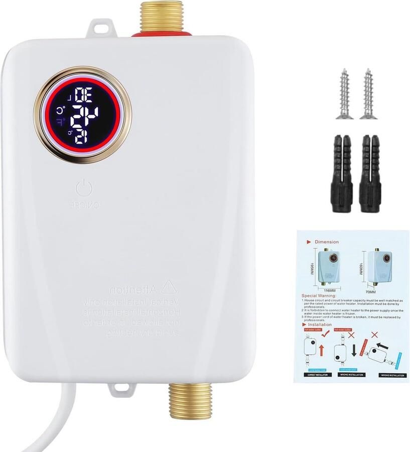Doorstroomboiler Mini Boiler Direct Warm Water LCD Temperatuurdisplay 3500W Wit