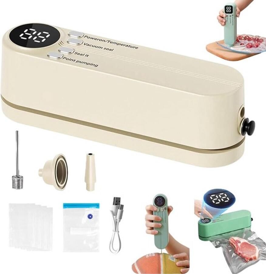 Mini draadloze vacuümsealer Oplaadbare 3-in-1 draagbare vacuümsealer Handheld vacuümsealer 60 kPa zuigkracht externe pomp opblaasmodus Ideaal voor kamperen reizen en het bewaren van verse levensmiddelen 18stuk
