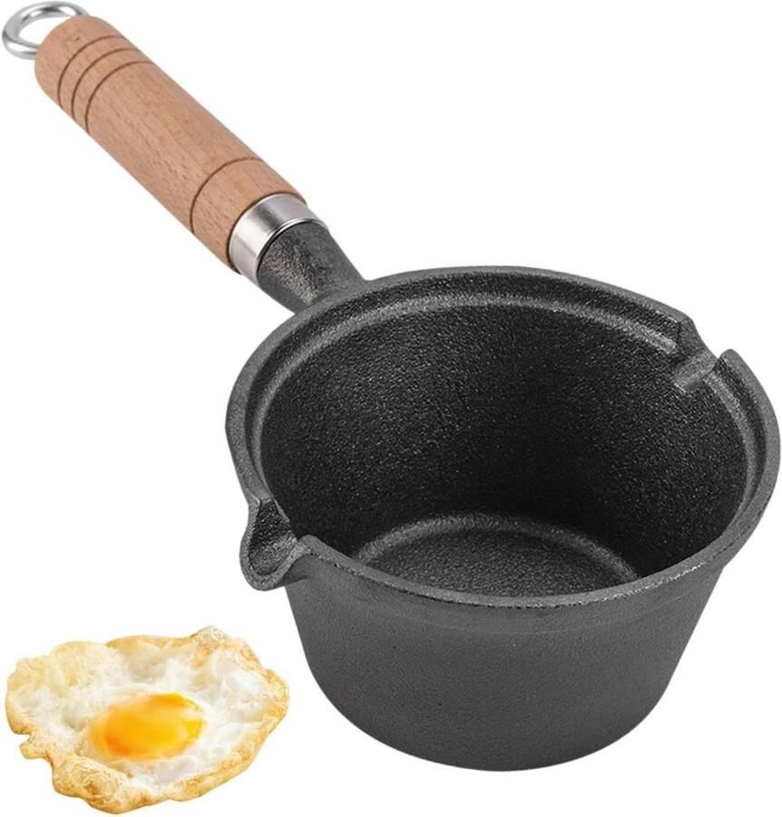 Mini eierpan Gietijzeren koekenpan Ontbijt bereiden Houten handvat 12 cm diameter Zwart