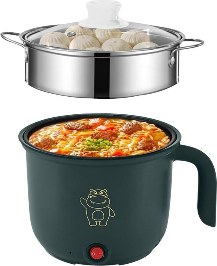 Mini Electric Hot Pot: Portable Electric Mini Hot Pot Multi-Function Casserole Electric Cooker with Stainless Steel Steamer Pan 1.8L Quick Window Cooker 600W 220V Green