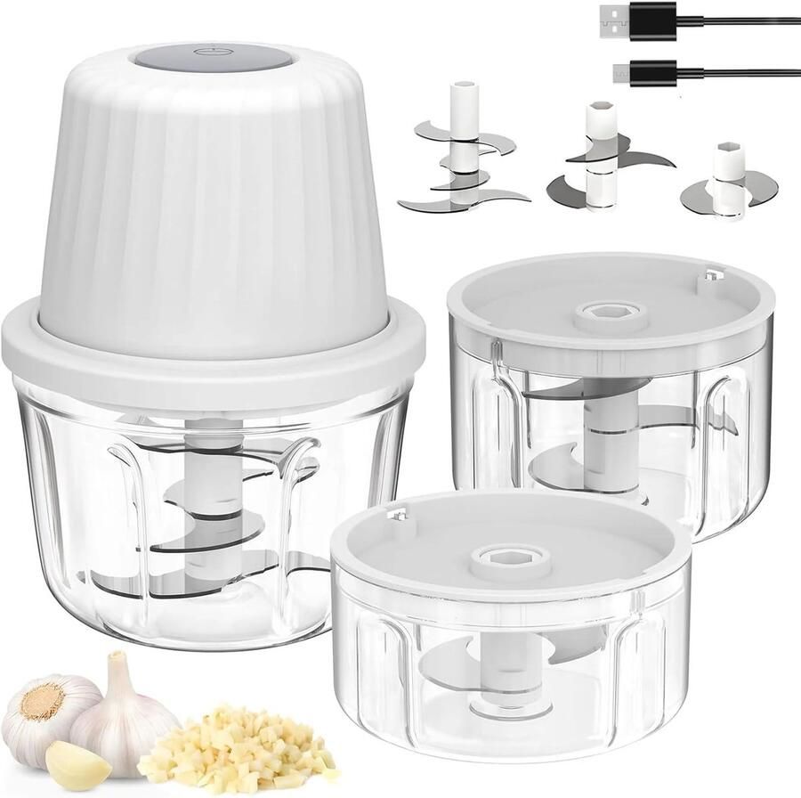 Mini elektrische snoerloze hakmolen met 3 reservoirs (350 ml + 250 ml + 100 ml) USB-oplaadbare groente- en vleeshakmolen