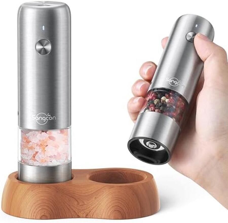 Mini elektrische zout- en pepermolen met houten voet USB-oplaadbaar – automatische pepermolen voor thuis en op reis