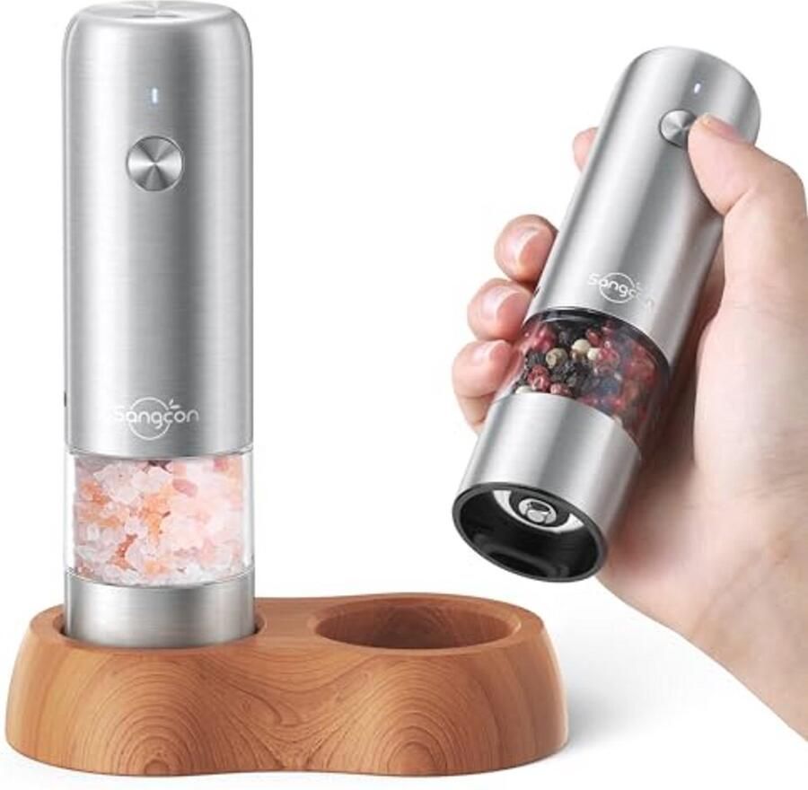 Mini Elektrische Zout- en Pepermolen Set Draagbare USB Oplaadbare Pepermolen met Instelbare Maalgraden Roestvrij Staal en Houten Sokkel voor Kamperen
