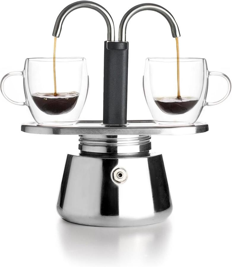 Mini Express koffiezetapparaat 2 kopjes 2 x 45 ml roestvrij staal geschikt voor inductie