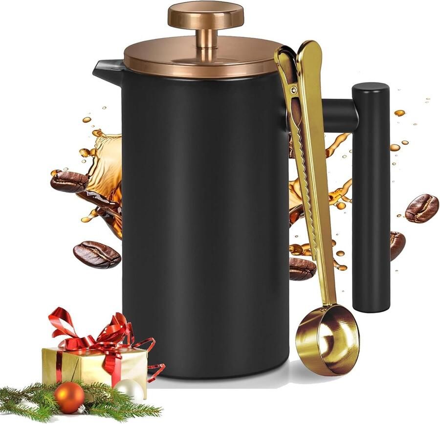 Mini French Press Koffiezetapparaat Verse Koffie Dubbelwandig RVS 350 ml Zwart