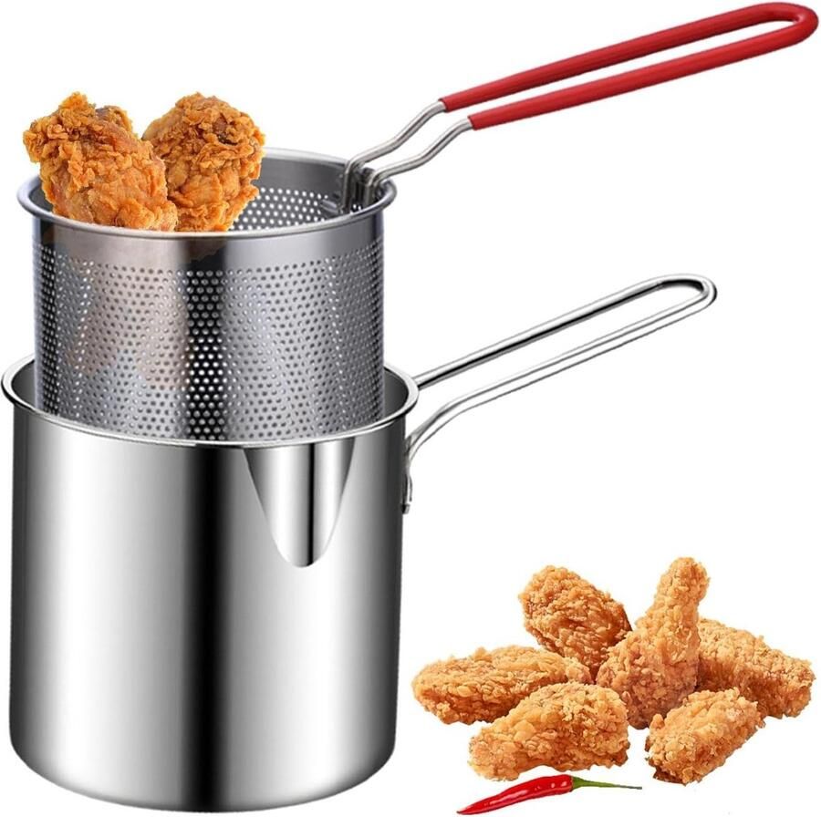 Mini Friteuse Kleine Pan Gezond Koken Roestvrij Staal 13.7D x 15.6B cm Zilverkleurig