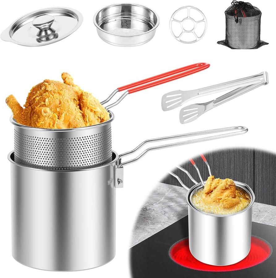 Mini Friteuse van Roestvrij Staal voor 1 Persoon Met Deksel en Afneembaar Handvat