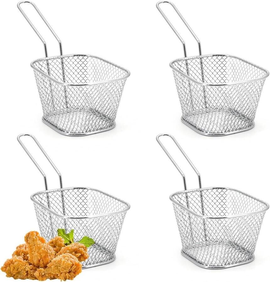 Mini Frituurmand Vierkant Friteuse Mandje Porties Serveren Roestvrij Staal 10.3 x 8.3 x 6.5 cm Zilver