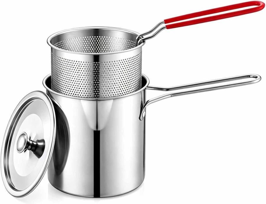 Mini Frituurpan 1 2 Liter RVS Met Uitneembaar Frituurmandje en Keukentang 3-delige Friteuseset voor Friet Kip en Snacks