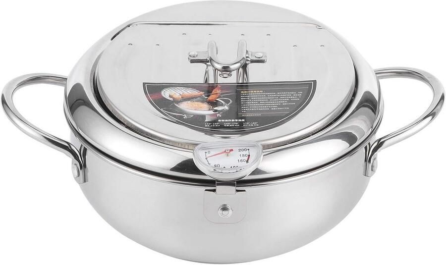 Japanse stijl mini frituurpan met thermometer en afdruiprek 20 cm