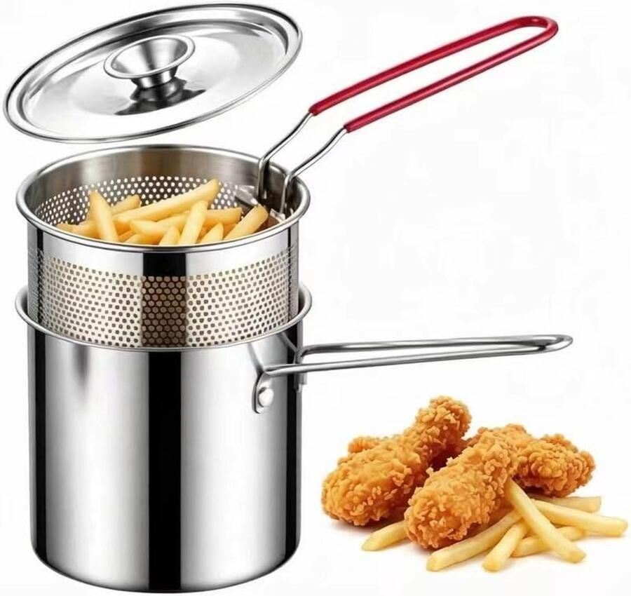 Mini frituurpan set van roestvrij staal frituurolie-Friteuse met filtermandje geschikt voor inductiekookplaten thuis- en commercieel gebruik (3-delige set)